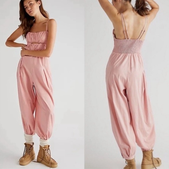NEW FREE PEOPLE Pink Kingston Cut Out Balloon Smocked Jumpsuit